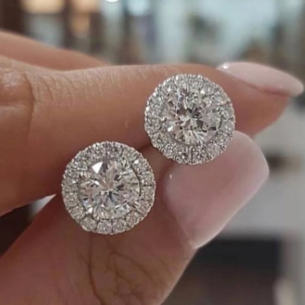 New Round Stud Diamond Sterling Silver Earrings - Picture 6 of 14
